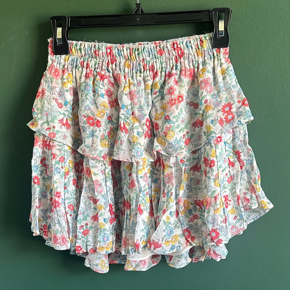 LoveShackFancy Ibiza Blue Floral Ruffle Mini Skirt Size XS